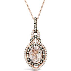 LeVian 14K Rose Gold, Oval Morganite & 1/2 Cttw White/Chocolate Diamond Interwoven Halo Pendant Necklace (G-H & Fancy Brown Color, VS2-SI1 Clarity) - 18"