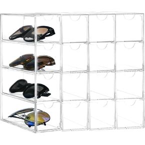 Yimy 4 Pack Acrylic Sunglasses Organizer with 16-Compartment, Clear Drawers Stackable Eyeglass Glasses Display Stand Case, Eyeglass Glasses Holder for Nightstand Display Cosmetic Jewelry ﻿