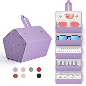 Travel Case for Sunlgasses and Jewelry, Foldable Jewelry Case Eye Glasses Organizer, Hanging Loop, Interior Mirror, 5 Compartments for Eyewears, Rings, Necklaces, Earrings, Purple