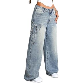 WDIRARA Women's Bowknot Patched Baggy Jeans Low Rise Straight Leg Denim Pants with Pockets