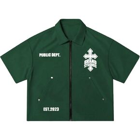 Men's Y2k Graphic Zip Up Shirt Goth Short Sleeve Collared Oversized Shirts Streetwear