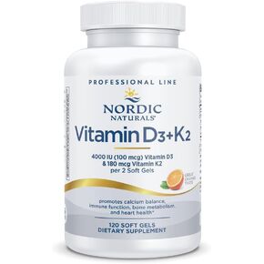 ملحق Nordic Naturals Professional Professional Vitamin D3+K2 ، نكهة برتقالية - 60 من المواد الهلامية الناعمة - 4000 IU فيتامين D3 و 180 MCG K2- يعزز توازن الكالسيوم ووظيفة المناعة - غير المعدلة وراثيا - 30 حصة