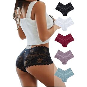 SweatyRocks Women's 5 Pack Floral Lace Bow Boyshort Panties Sheer Cheeky Underwear Set