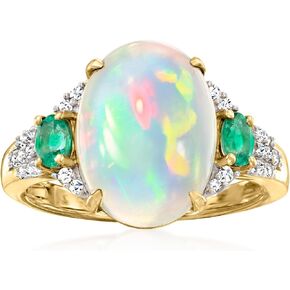 Ross-Simons Ethiopian Opal Ring With .30 ct. t.w. Emeralds and .17 ct. t.w. Diamonds in 14kt Yellow Gold