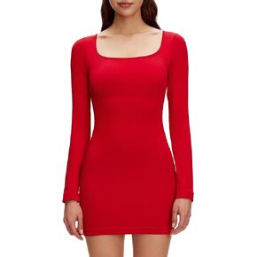 NANJI Dresses for Woman - Long Sleeve Square Neck Ribbed Bodycon Tight Mini Seamless Dress Casual Spring Summer