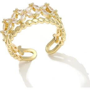18K Gold Plated Cubiz Zirconia Wedding Engagement Wide Adjustable Band Ring for Women