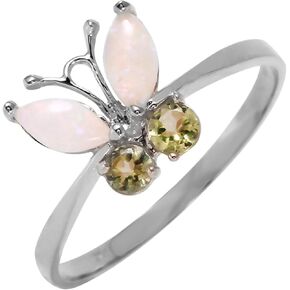 Galaxy Gold GG 14k Solid White Gold Butterfly Ring with 0.7 Carat Natural Opal Peridot