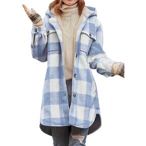 Danedvi Womens Long Flannel Shirts Jackets Casual Hooded Button Down Plaid Coat Fall Long Sleeve Shacket with Pockets