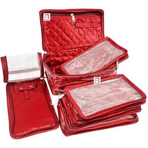Satin Makeup Kit Travel Jewelry Organizer Locker Box Pouches Clutch Bag for Necklaces Earrings Rings and Bracelets Maroon Color