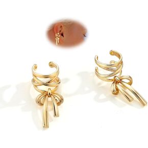 KRFY 1 Pair Bow Ear Cuffs Non Piercing for Women - Adjustable Dangle Cuff Earrings Sparkling Silver/16K Gold Plated Wrap Clip On Cartilage Helix Conch Fake Earrings Faux Jewelry