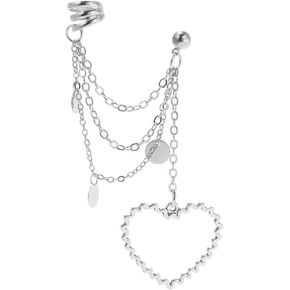 Silver Heart Cuff Earrings Chain Tassel Earrings for Women,Love Heart Ear Cuff Drop Dangle Earrings Non-Piercing Cartilage Clip on Earrings Ear Clips
