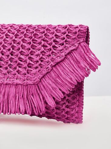 Floerns Women's Woven Straw Envelope Fringe Trim Rattan Beach Clutch Handbag in Saudi Arabia