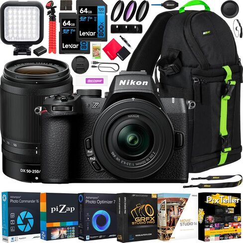كاميرا Nikon Z 50 بدون مرآة، هيكل 4K DX + طقم عدسات 16-50 مم و50-250 مم 1632، حزمة صانعي الأفلام بما في ذلك مثبت DJI RS 3 Mini Gimbal + حقيبة ظهر للتصوير الفوتوغرافي Deco Gear + بطاقة وبرامج سعة 64 جيجابايت in Saudi Arabia