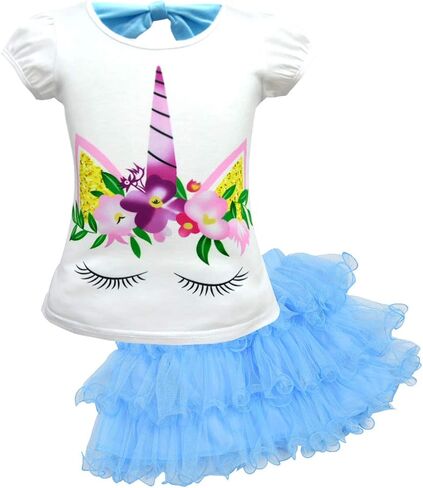 Dressy Daisy Girls Unicorn Clothing Set (Cotton Tee Shirt with Tutu Skirt) Fancy Dress Up Clothes, Blue Pink Purple in Kuwait