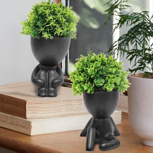 Makhot 4pcs لطيف النباتات المصطنعة المصطنعة النضرة مع الأواني البشرية الإبداعية ، النباتات المزيفة الصغيرة لمكتب مكتب الجرف الزخرفة منزل المكتب (أسود) in Kuwait