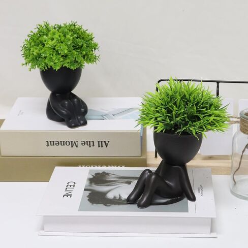 Makhot 4pcs لطيف النباتات المصطنعة المصطنعة النضرة مع الأواني البشرية الإبداعية ، النباتات المزيفة الصغيرة لمكتب مكتب الجرف الزخرفة منزل المكتب (أسود) in Kuwait