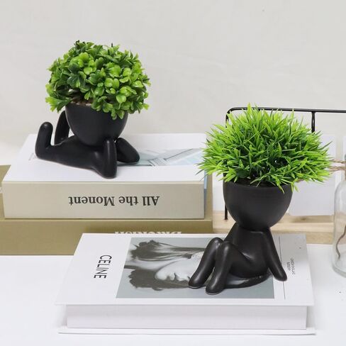 Makhot 4pcs لطيف النباتات المصطنعة المصطنعة النضرة مع الأواني البشرية الإبداعية ، النباتات المزيفة الصغيرة لمكتب مكتب الجرف الزخرفة منزل المكتب (أسود) in Kuwait