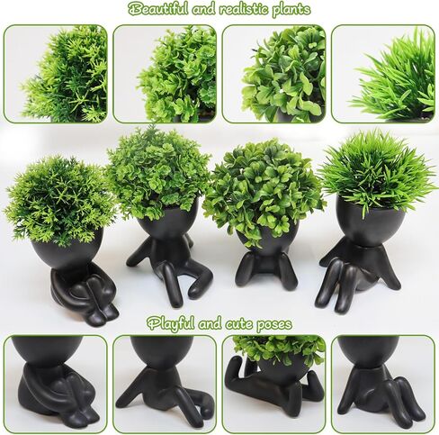 Makhot 4pcs لطيف النباتات المصطنعة المصطنعة النضرة مع الأواني البشرية الإبداعية ، النباتات المزيفة الصغيرة لمكتب مكتب الجرف الزخرفة منزل المكتب (أسود) in Kuwait