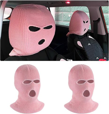 2 PCS Car Headrest Cover, Personalized Funny 3 Hole Auto Seat Full Face Mask Headcover, Ski Mask Wrap Protection for Front Seat Head Rest Decoration, Car Accessories (Pink) in Kuwait