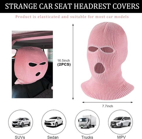 2 PCS Car Headrest Cover, Personalized Funny 3 Hole Auto Seat Full Face Mask Headcover, Ski Mask Wrap Protection for Front Seat Head Rest Decoration, Car Accessories (Pink) in Kuwait