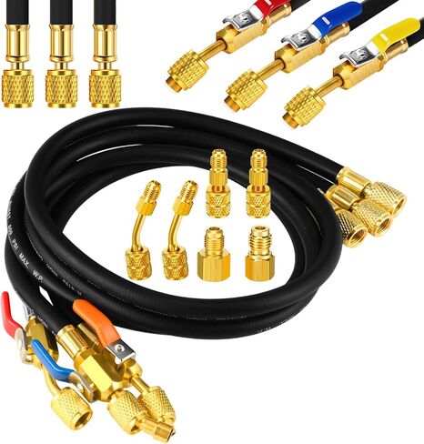 10 PCS AC Gauge Gauge خرطوم مع R410A MINI محول محول محول المبرد شحن خرطوم ل R134A R410A R404A R12 R22 برودات (أسود ، 60 بوصة) in Kuwait