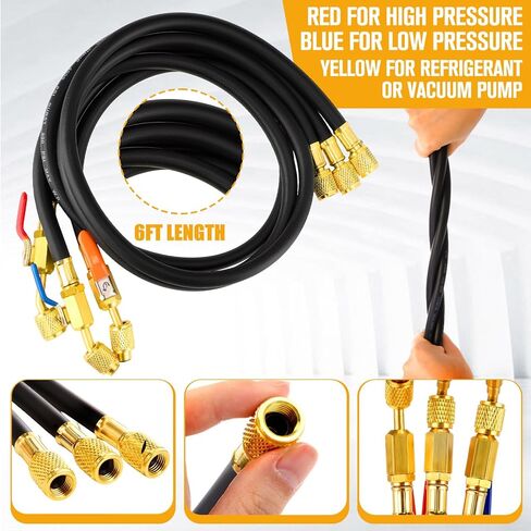 10 PCS AC Gauge Gauge خرطوم مع R410A MINI محول محول محول المبرد شحن خرطوم ل R134A R410A R404A R12 R22 برودات (أسود ، 60 بوصة) in Kuwait