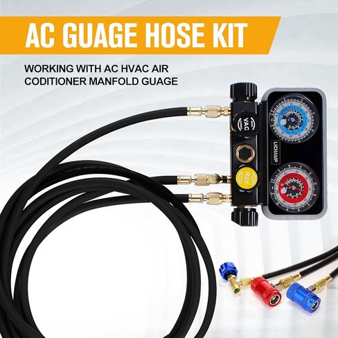 10 PCS AC Gauge Gauge خرطوم مع R410A MINI محول محول محول المبرد شحن خرطوم ل R134A R410A R404A R12 R22 برودات (أسود ، 60 بوصة) in Kuwait