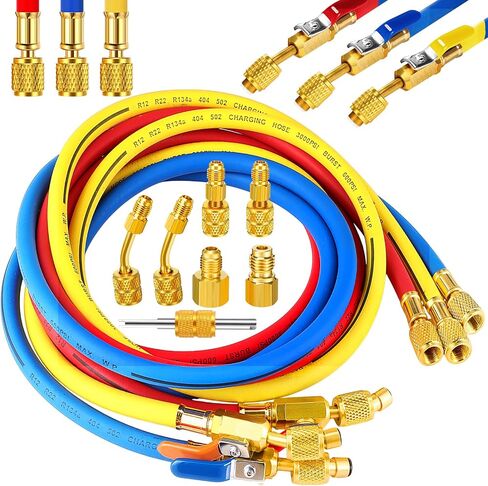 10 PCS AC Gauge Gauge خرطوم مع R410A MINI محول محول محول المبرد شحن خرطوم ل R134A R410A R404A R12 R22 برودات (أسود ، 60 بوصة) in Kuwait