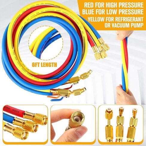 10 PCS AC Gauge Gauge خرطوم مع R410A MINI محول محول محول المبرد شحن خرطوم ل R134A R410A R404A R12 R22 برودات (أسود ، 60 بوصة) in Kuwait
