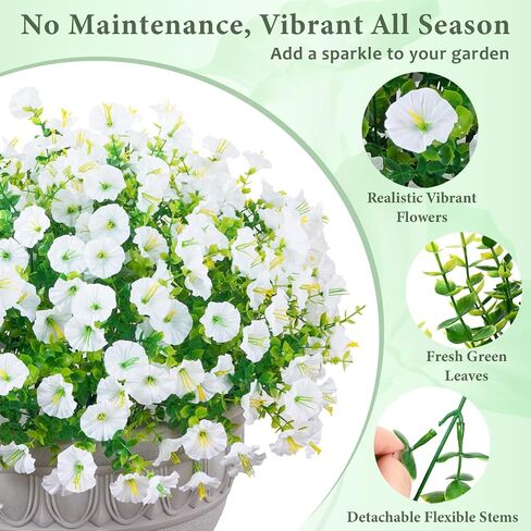 MARTINE MALL 12 Bundles Look Real Artificial Flowers for Outdoors, Realistic Fake Outdoor Flowers, UV Resistant Silk Petunia Flowers for Outside Faux Flowers Plants for Outdoor Porch, White in Kuwait
