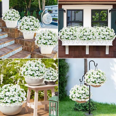 MARTINE MALL 12 Bundles Look Real Artificial Flowers for Outdoors, Realistic Fake Outdoor Flowers, UV Resistant Silk Petunia Flowers for Outside Faux Flowers Plants for Outdoor Porch, White in Kuwait