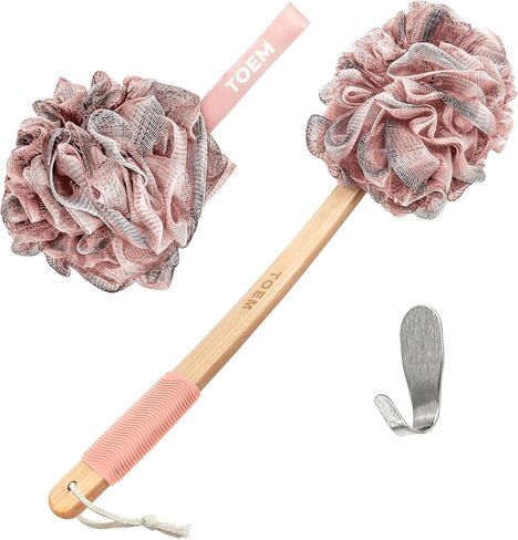Toem Loofah Back Scrubber For Shower | Bamboo Charcoal Fiber Infused | Bath Sponge | Lufas For Men & Women | Includes 1 Long Handled Shower Sponge, 1 Bath & Shower Luffa Pouf & 1 Hook To Hang Stuff in Saudi Arabia