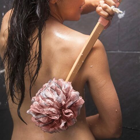 Toem Loofah Back Scrubber For Shower | Bamboo Charcoal Fiber Infused | Bath Sponge | Lufas For Men & Women | Includes 1 Long Handled Shower Sponge, 1 Bath & Shower Luffa Pouf & 1 Hook To Hang Stuff in Saudi Arabia