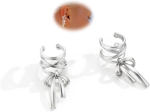 KRFY 1 Pair Bow Ear Cuffs Non Piercing for Women - Adjustable Dangle Cuff Earrings Sparkling Silver/16K Gold Plated Wrap Clip On Cartilage Helix Conch Fake Earrings Faux Jewelry in Saudi Arabia