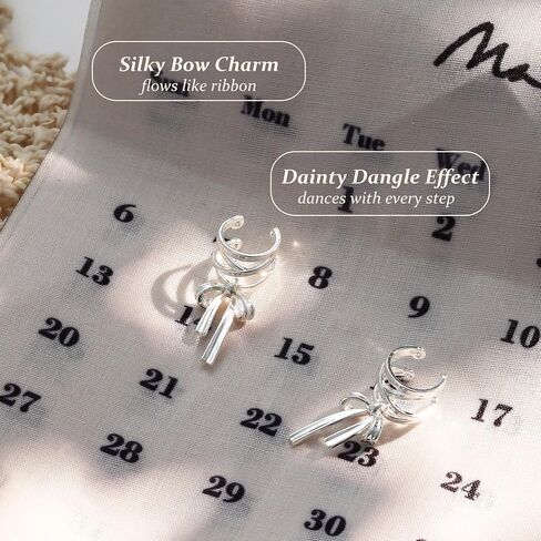 KRFY 1 Pair Bow Ear Cuffs Non Piercing for Women - Adjustable Dangle Cuff Earrings Sparkling Silver/16K Gold Plated Wrap Clip On Cartilage Helix Conch Fake Earrings Faux Jewelry in Saudi Arabia