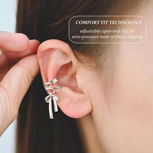 KRFY 1 Pair Bow Ear Cuffs Non Piercing for Women - Adjustable Dangle Cuff Earrings Sparkling Silver/16K Gold Plated Wrap Clip On Cartilage Helix Conch Fake Earrings Faux Jewelry in Saudi Arabia