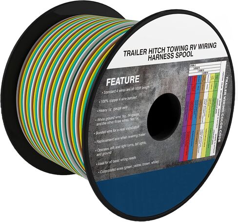 100FT 4-Way Trailer Towing Wiring Harness Bonded Wires Spool Enough 14 Gauge CCA, 4 Wire Replacement Trailer Wire, Ideal for All Basic Wiring Needs（White/Green/Yellow/Brown） in Saudi Arabia