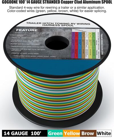 100FT 4-Way Trailer Towing Wiring Harness Bonded Wires Spool Enough 14 Gauge CCA, 4 Wire Replacement Trailer Wire, Ideal for All Basic Wiring Needs（White/Green/Yellow/Brown） in Saudi Arabia