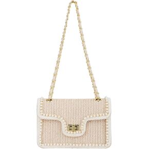 Fecialy Straw Crossbody Bags for Women Summer Straw Beach with Pearls Raffia Shoulder Handbags
