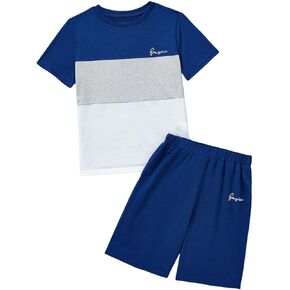 Floerns Boy's 2 Piece Outfits Colorblock Short Sleeve T Shirt with Track Shorts Sets