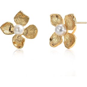 Gold Flower Stud Earrings for Women Pearl and Gold Floral Earrings with Sterling Silver Post Gold Plated Flower Pearl Jewelry for Valentine's Day Spring Gift