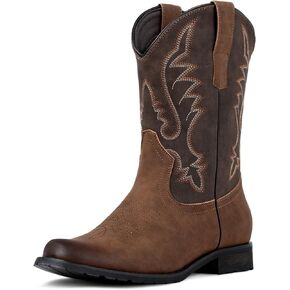 J's.o.l.e Western Cowboy Boots for Men Round Toe Wide Mid Calf Classic Retro Embroidered 2-Tone Brown Boot