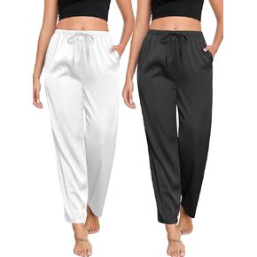 Veseacky Womens Silk Satin Pajama Pants Lounge Pants Drawstring Elastic Waist Wide Leg Pj Bottoms with Pockets 2 Pack