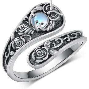 Moonstone Owl Spoon Ring 925 Sterling Silver Adjustable Thumb Ring Owl Jewelry Gifts for Women