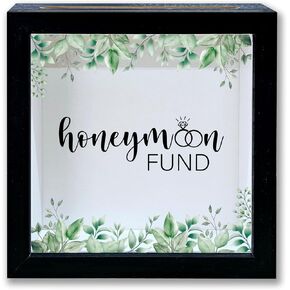 Honeymoon Fund Shadow Box Frame, Wedding Money Box with Slot, Greenery Travel Memory Box, Adventure Archive Box Gifts, Decorative Wooden Money Savings, Wedding Honeymoon Gifts for Newlyweds -13