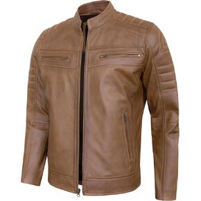 Real Leather Jacket Men - Quilted Biker Style Stand Collar Zip-Up Fashion Motorcycle Leather Jackets For Mens