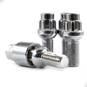 Wheel Accessories Parts 12x1.5 Chrome - Ball Seat (R12)- Premium Lug Bolt Wheel Lock Set (24mm Long) (Set of 4 + Key) (12x1.5, Chrome)
