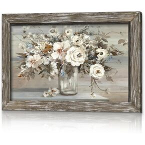 Rose Bouquet Framed Wall Art - بني ريفي مجردة اللوحة الزهرية زهرة في مزهرية الصورة النباتية المطبوعات الخشبية عمل فني لغرفة النوم مزرعة