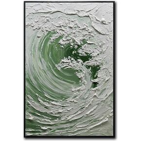 V-inspire 3D Textured Wave Oil Painting, 24x36 Inches, Green and White Abstract Canvas Art with Black Frame