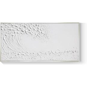 White Handmade Ocean Waves Painting Wall Art - Large Framed 3D Texture Home Decor 48x24 Canvas Simple Artwork Living Room Bedroom Decor